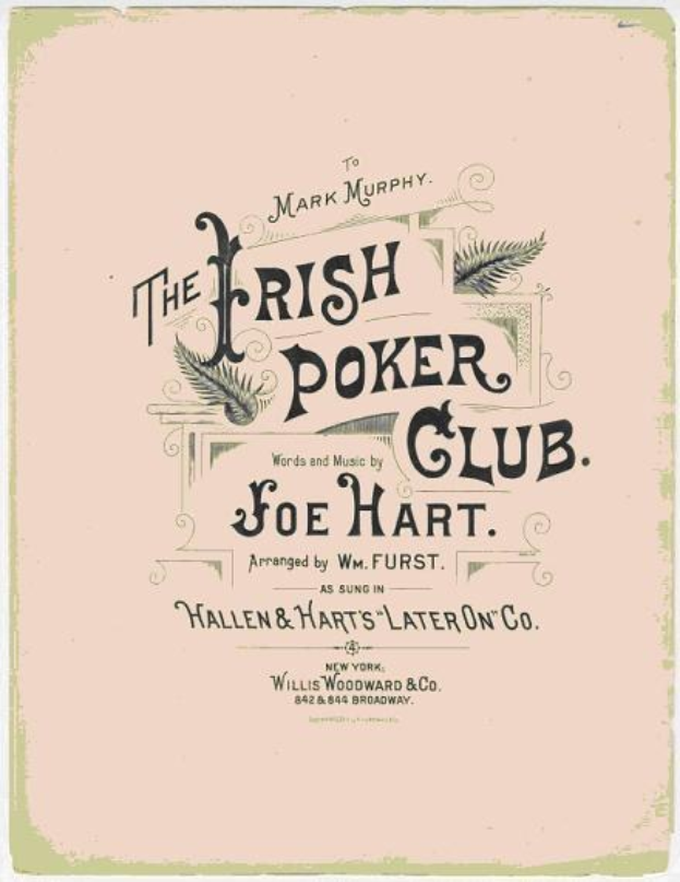 Plakat mit der Aufschrift "The Irish Poker Club" in fetter schwarzer Schrift auf einem weißen Hintergrund, umrahmt von einem schmalen schwarzen Rand, mit einer bunten Kleeblatt-Illustration neben dem Text.