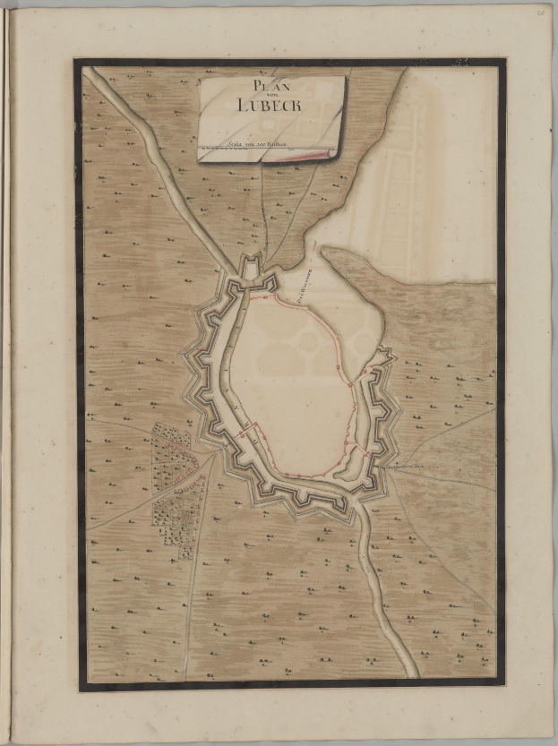 Ein altes Buch mit einer detaillierten Karte von Lübeck, das Straßen, Gebäude und Sehenswürdigkeiten zeigt und historische sowie kulturelle Informationen zur Stadt enthält.