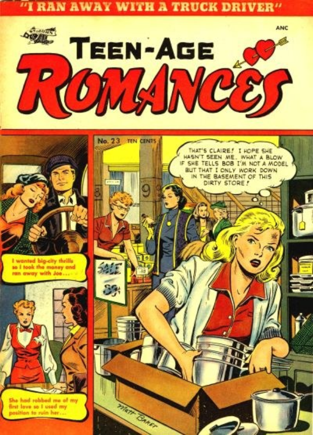 Ein leuchtendes Comic-Poster mit der Aufschrift 'Teen-Age Romances 23-A by DC', das eine Gruppe von Menschen zeigt, die fröhlich und umarmend dastehen und damit Freude und Zufriedenheit vermitteln.