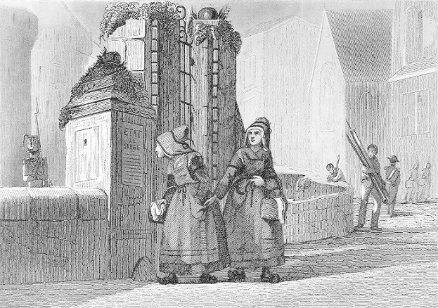Schwarz-Weiß-Gravur Von Zwei Frauen, Die Vor Einem Gebäude Stehen, Mit Anderen Leuten Im Hintergrund, Betitelt "Victorian Women In The City Of London."