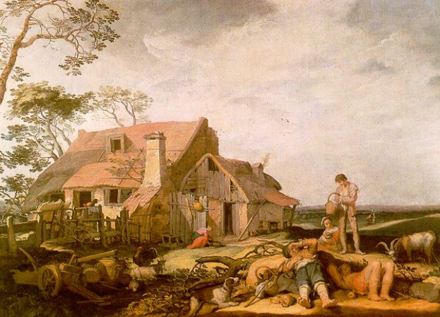 Ein Gemälde mit dem Titel "Die Bauernfrau" von Jan Brueghel dem Älteren zeigt einen Mann und eine Frau vor einem Reetdachhaus, umgeben von verschiedenen Tieren, einem Karren, einem hölzernen Zaun, Bäumen und einem bewölkten Himmel.