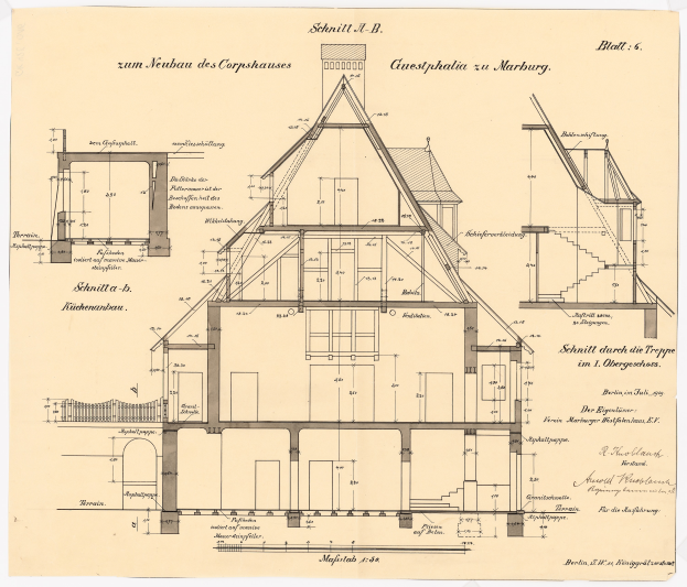Ein detailliertes Bild eines Hauses mit zahlreichen Fenstern und einem Dach, begleitet von Plänen und Texten, die seine Struktur beschreiben, wird als erstes Haus in Deutschland betrachtet.