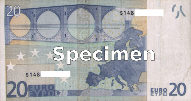 Beispiel 20 Euro-Banknote mit "Beispiel" quer darauf gedruckt.