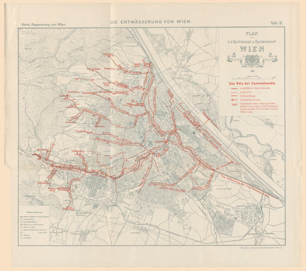 Ein altes Stadtplan von Wien, Deutschland, mit roten Linien, die eine Bahnroute markieren, auf Papier gedruckt.