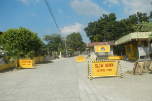 Eine Straße mit einem gelben "Slow Down School Zone"-Schild, geparkte Fahrzeuge auf der rechten Seite und Bäume, Gebäude, Pfosten, Drähte und Himmel im Hintergrund.