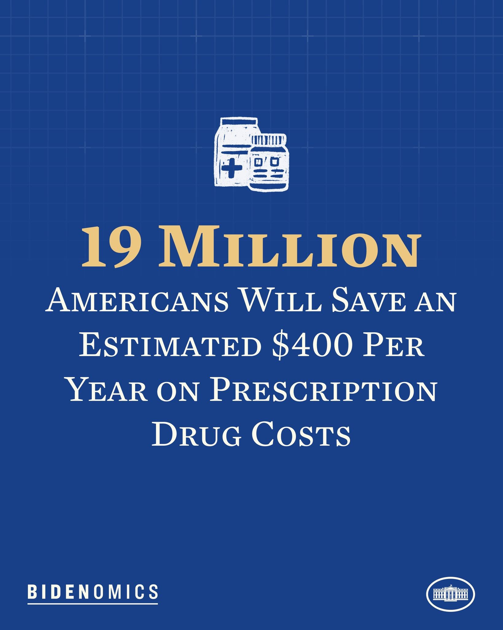 Blauer Hintergrund mit weißer Schrift und Logo, das besagt: "19 Millionen Amerikaner werden geschätzt 400 Dollar pro Jahr an Arzneikosten sparen."