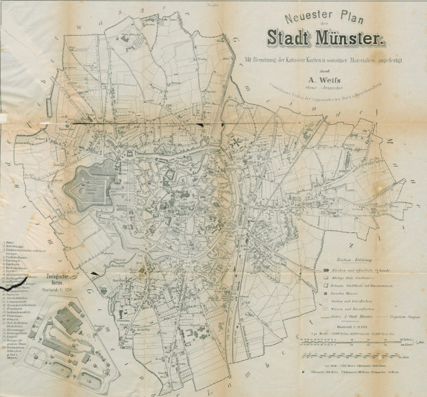 Ein detaillierter alter Stadtplan von Münster, Deutschland, der Straßen, Gebäude und Sehenswürdigkeiten mit Textbeschriftungen zeigt.