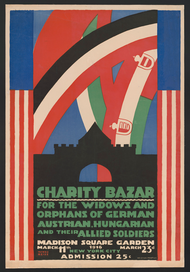 Ein Plakat für einen Wohltätigkeitsbasar, der die Witwen und Waisen von Soldaten verschiedener Nationen unterstützt, mit Text zu den Ereignisdetails.