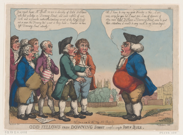 Cartoon-Illustration von Menschen, die vor einem Gebäude mit Bäumen und Himmel stehen, mit Text unten: "odd fellows from downing street complaining to John Bull".