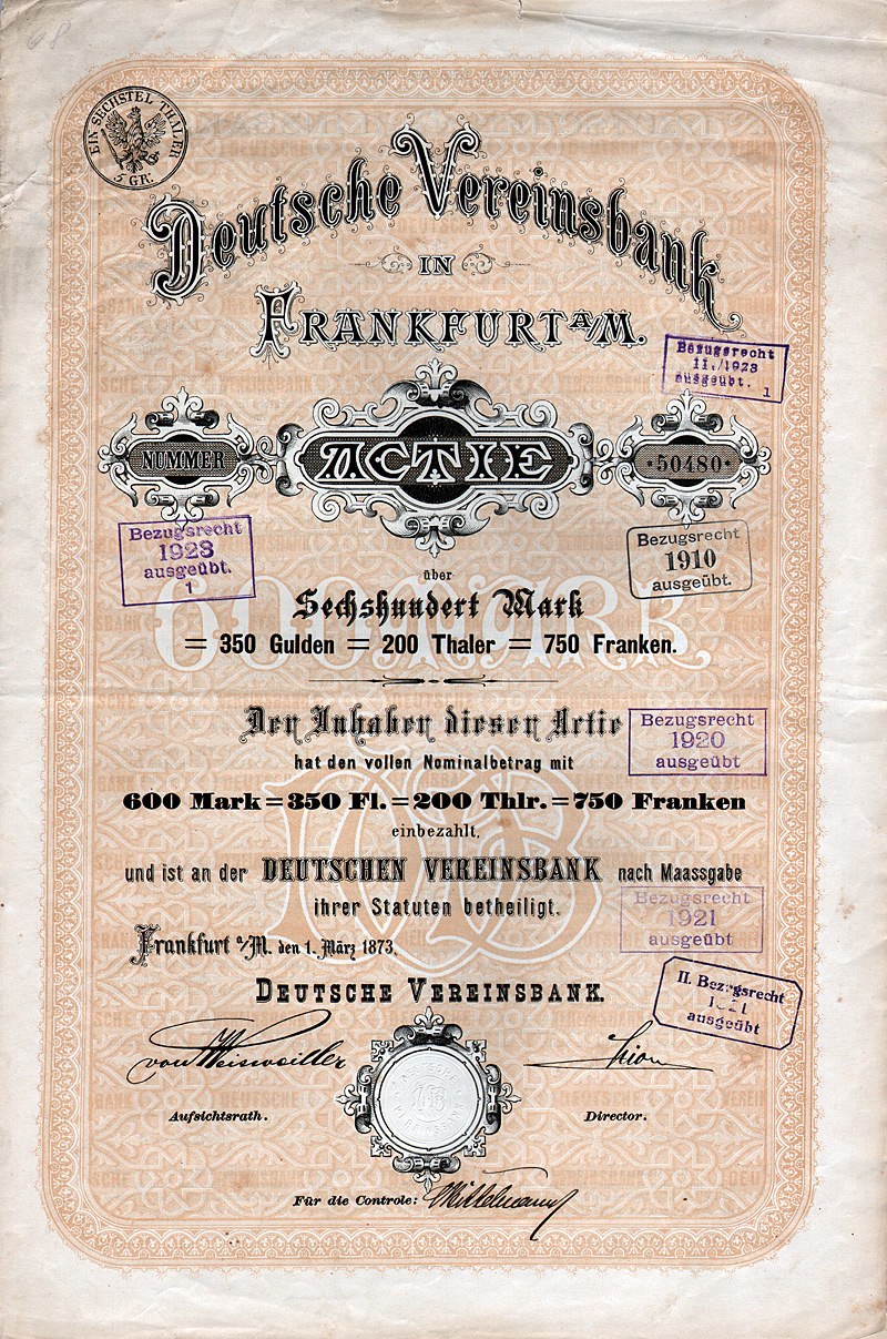 Altes deutsches Wertpapier der Deutschen Vereinsbank, Frankfurt, auf Papier gedruckt.