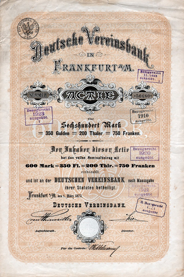 Altes deutsches Wertpapier der Deutschen Vereinsbank, Frankfurt, auf Papier gedruckt.