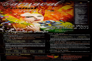 Eine Frau in einem bunten Kleid, die fröhlich lächelt, umgeben von der Schrift "Carnaval Festival 2014" in fetter schwarzer Schrift auf einem leuchtend gelben Hintergrund.