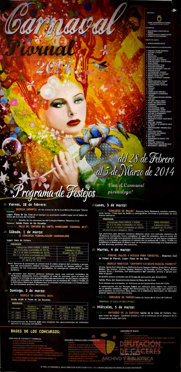 Eine Frau in einem bunten Kleid, die fröhlich lächelt, umgeben von der Schrift "Carnaval Festival 2014" in fetter schwarzer Schrift auf einem leuchtend gelben Hintergrund.