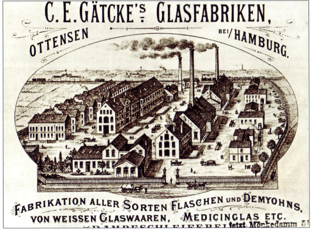 Werbung für die Glasfabrik von C.E. Gatcke in Hamburg, Deutschland, mit Gebäuden, Bäumen, Rauch aus Schornsteinen und Text.