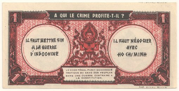 Ein altes französisches Banknotenbild mit einem ernst dreinblickenden Mann im Anzug, der Text "A qui le crime profite-il?" und ein weißer Hintergrund mit einem schwarzen Rand.