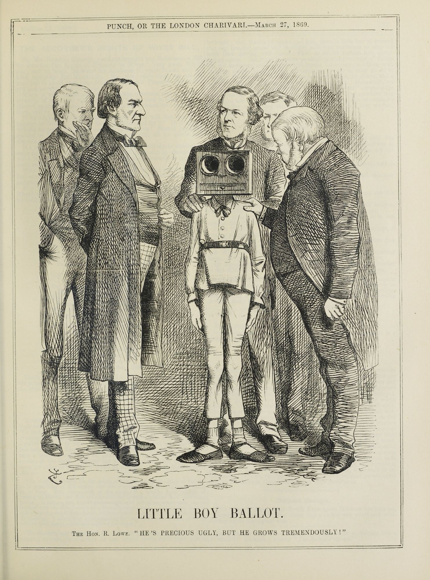 Zeichnung eines kleinen Jungen mit einer Kamera, umgeben von Menschen, mit dem Text "Kleiner-Junge-Stimme" unten.