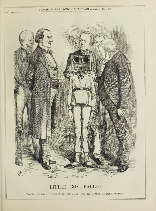 Zeichnung eines kleinen Jungen mit einer Kamera, umgeben von Menschen, mit dem Text "Kleiner-Junge-Stimme" unten.