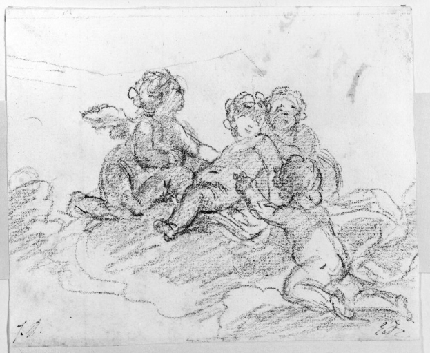 Eine Zeichnung von drei Kindern, die auf einer Decke sitzen, wobei eines ein Baby hält, auf einem Blatt Papier mit Text.