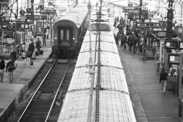 Vollbesetzte Bahnsteige mit mehreren Zügen auf den Gleisen und vielen Menschen darauf.