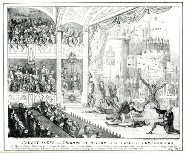 Eine Schwarz-Weiß-Zeichnung einer vollen TheaterSzene mit Menschen, die stehen, sitzen und auf dem Boden liegen, und einer Person rechts mit einer Tafel, auf der 'Die letzte Szene des Triumphs der Reform oder der Fall der Boro Mongers' steht.