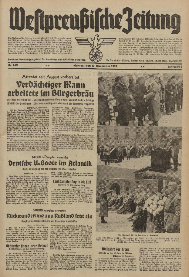 Alte Zeitungsvorderseite der 'Weitpreubliche Zeitung' vom 13. November 1939 mit einer Gruppe von Menschen in traditioneller deutscher Kleidung, die feierlich wirkt.