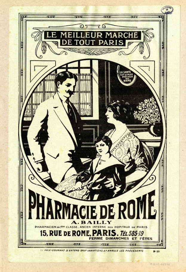 Schwarz-weiß-Werbung für eine Apotheke in Rom, die einen Mann und eine Frau zeigt, die nebeneinander stehen, mit Text, der die Apotheke und ihre Dienstleistungen beschreibt.