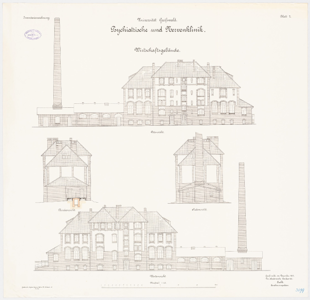 Eine Zeichnung eines Gebäudes mit zahlreichen Fenstern und einem Schornstein, das mutmaßlich ein Psychiatriekrankenhaus in Deutschland ist, mit zusätzlichem Text auf dem Papier.