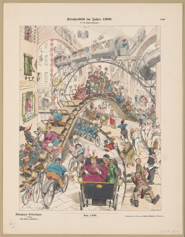 Schwarze und Weiße Illustration einer überfüllten Bahnhofshalle im Jahr 1900, eingerahmt von einem Fotorahmen, mit Menschen in Not.