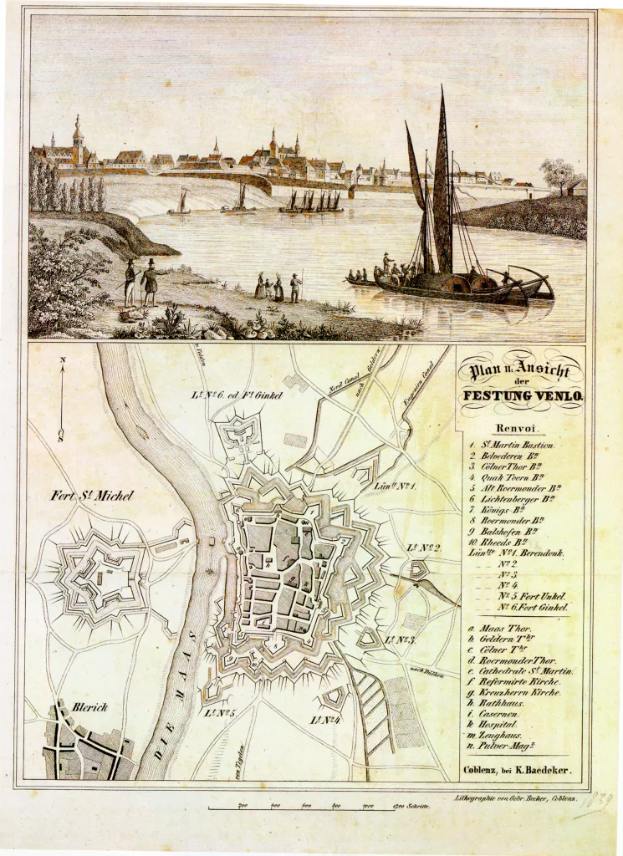 Ein altes Stadtplan von Hamburg, Deutschland, mit einem Boot auf dem Wasser, Menschen, Bäumen, Gebäuden und einem Himmel im Hintergrund, mit begleitendem Text.