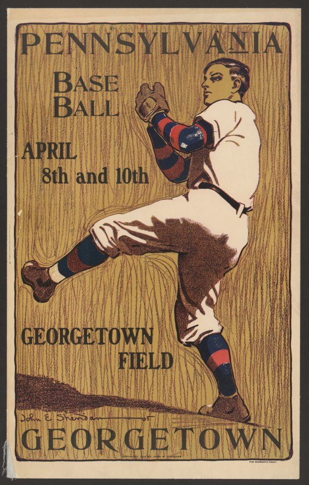 Eine Person in einem Sportoutfit mit entschlossener Miene, mit dem Text "Pennsylvania Baseball April 8th und 10th, Georgetown Field" darüber.