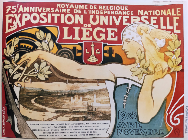 Ein Plakat, das das 75-jährige Jubiläum der Nationalen Universitätsausstellung in Lüttich ankündigt, zeigt eine Frau mit einem Blumenstrauß und Text, der das Ereignis beschreibt.