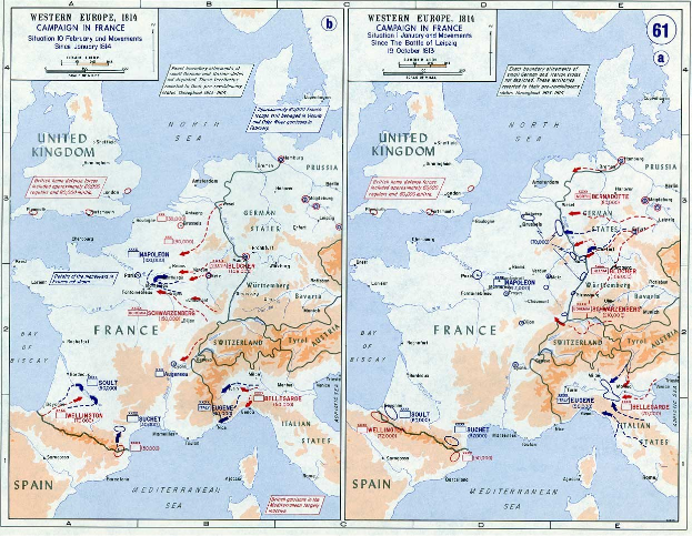 Eine historische Karte von Europa während der Schlacht von Leipzig, unterteilt in regionale Abschnitte mit Text und Zahlen zu Konflikt-details.