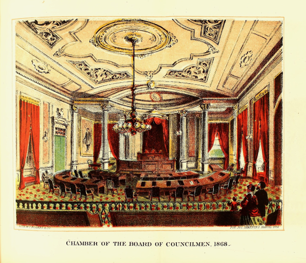 Eine detaillierte Zeichnung des Rates der Stadtverordnetenversammlung von 1868, die einen Raum mit Stühlen, Tischen, Vorhängen, Säulen, einem Kronleuchter und einer Decke zeigt, mit einigen Menschen und Text auf einem Papier.