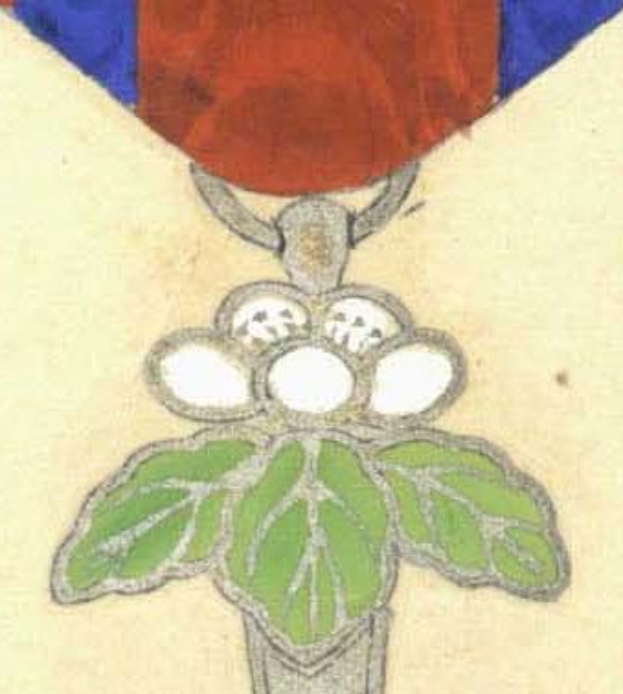 Ein detailliertes Bild einer Ehrenmedaille aus dem 14. Jahrhundert mit einer Blume und Blättern, umgeben von einem Heiligenschein aus Licht, mit leuchtenden Farben und feinen Details.