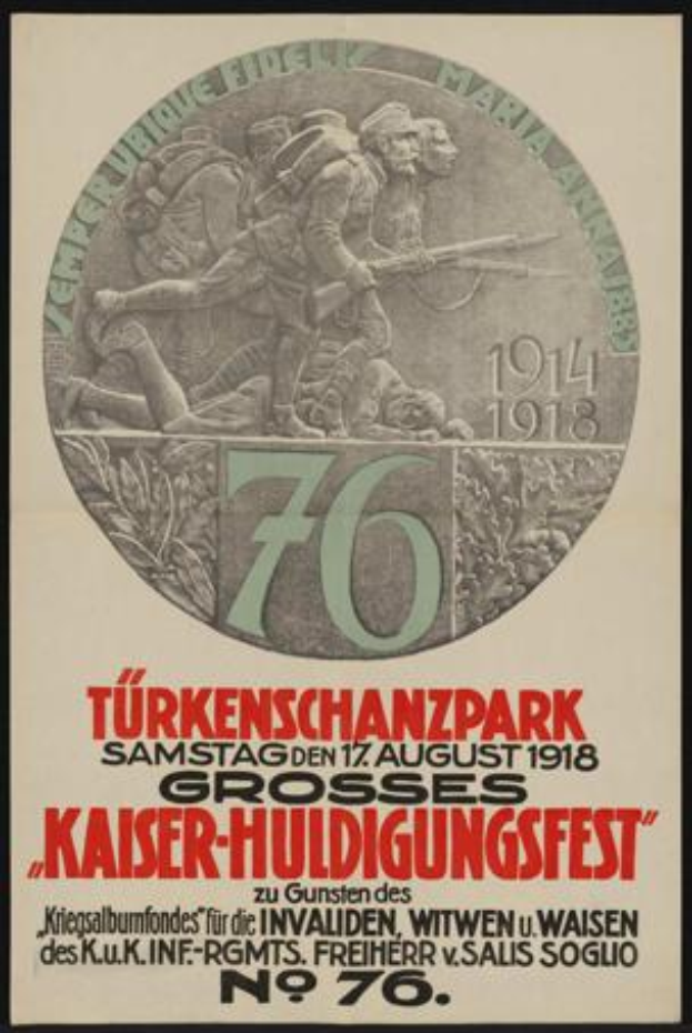 Ein gerahmtes Plakat zum 70. Jahrestag des Kaiser-Huldigungsfestes in Berlin, Deutschland, mit einer Gruppe von Menschen in der Mitte und umgeben von Text und Zahlen.