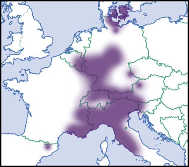 Eine Karte von Europa mit einem schwarzen Rand oben und unten, die die Europäische Union in lila hervorhebt.