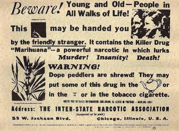 Schwarz-weiß-Anzeige für die Inter-State Narcotic Association mit einem Bild eines Mannes und einer Frau und der Warnungstext "Vorsicht für Jung und Alt in allen Lebensbereichen".