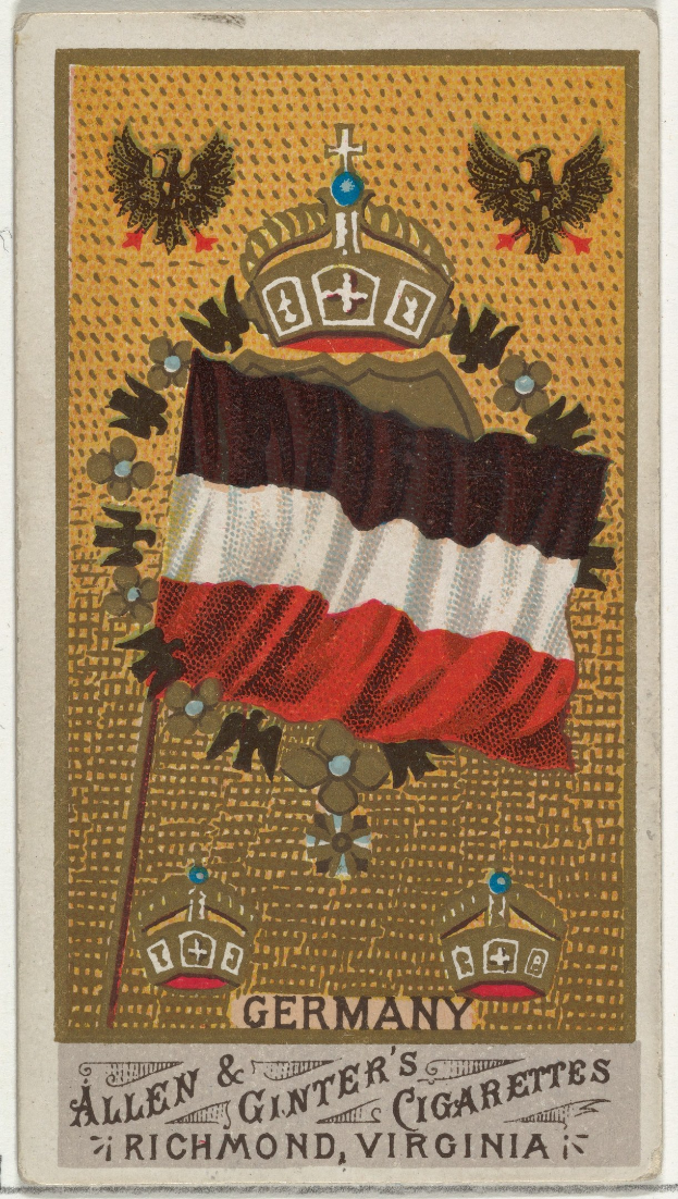 Alte Zigarettenkarte mit deutscher Flagge auf rotem, weißem und blauem Hintergrund, beschriftet mit "Deutsch" in schwarzer Schrift.