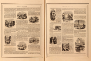 Offenes Buch mit Landschaften einschließlich Bergen, Flüssen und Wäldern, begleitet von beschreibendem Text auf seinen Seiten.