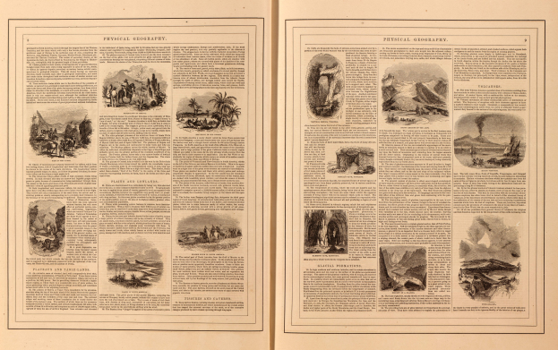 Offenes Buch mit Landschaften einschließlich Bergen, Flüssen und Wäldern, begleitet von beschreibendem Text auf seinen Seiten.