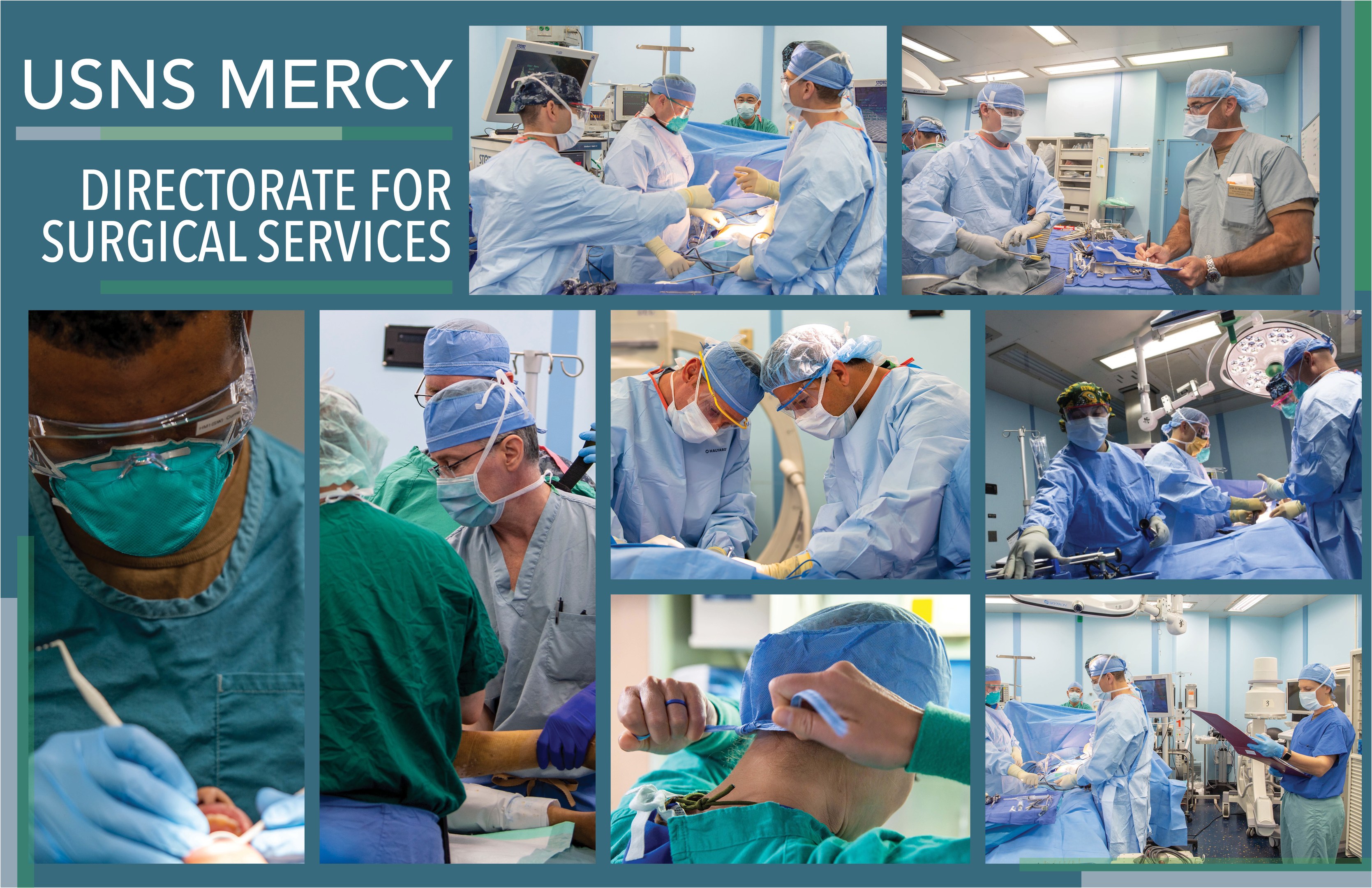 Eine Gruppe von medizinischem Personal in Masken, Kappen und Handschuhen führt einen Eingriff in einem Operationssaal durch, wobei links der Text "USNS Mercy Directorate for Surgical Services" zu sehen ist.