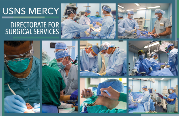 Eine Gruppe von medizinischem Personal in Masken, Kappen und Handschuhen führt einen Eingriff in einem Operationssaal durch, wobei links der Text "USNS Mercy Directorate for Surgical Services" zu sehen ist.