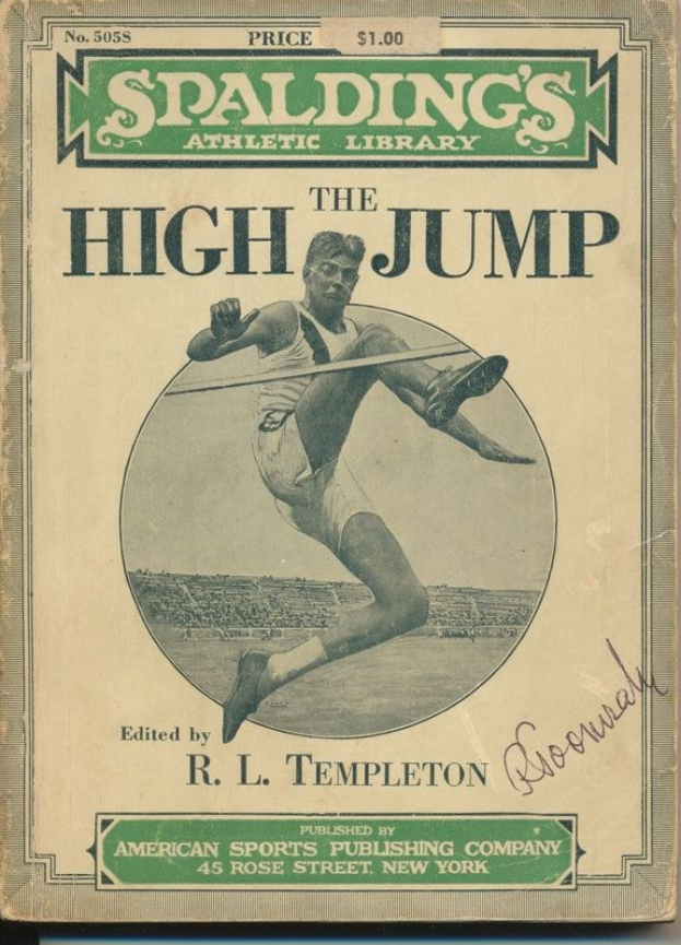Buchumschlag mit dem Titel "Der Hochsprung" von R.L. Templeton, veröffentlicht von Spalding's Athletic Library, mit einer Illustration einer Person, die springt.