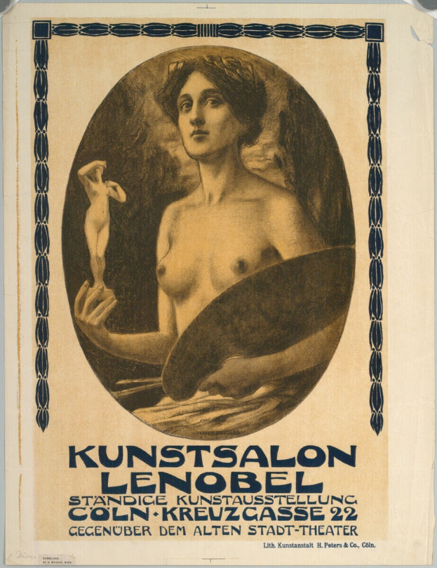 Ein Plakat für den Kunstsalon Lenobel in Berlin, Deutschland, das eine Frau mit einem menschlichen Gesicht und Text zeigt, der ein Ereignis beschreibt.