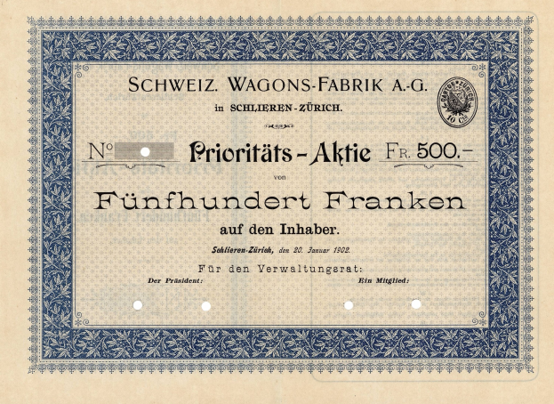 Ein altes deutsches Aktienzertifikat mit blauem Rand und der Aufschrift "Schweiz Wagons-Fabrik A.G."