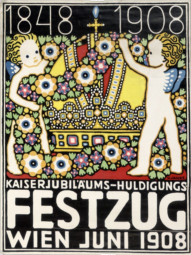 Plakat für ein Wiener Festival mit einem Gemälde von zwei Kindern, die nebeneinander stehen und sich gegenseitig umarmen, begleitet von Text.