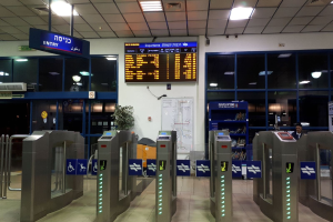 Flughafeneingang mit einem Mann vor einer Metalldrehsperre, Metalldetektoren, Informationsschildern, einem Topf mit einer Pflanze, einer Wandtafel, Deckenleuchten und einem Anzeigebildschirm.