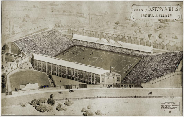 Ein altes Bild des Aston Villa Football Club-Geländes, umgeben von Gebäuden und Bäumen, mit Spielern auf einem saftig grünen Feld in den Rängen.