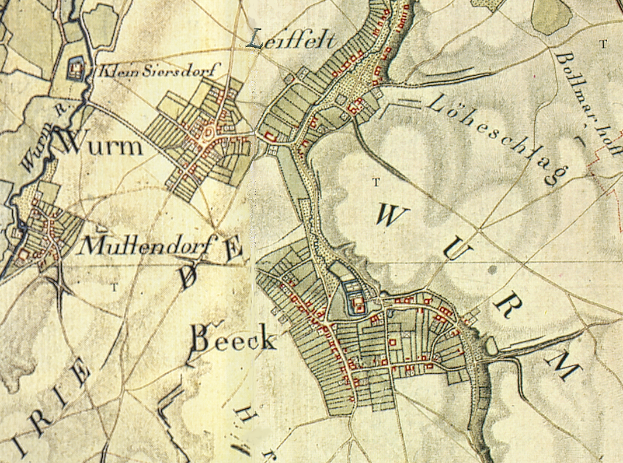 Ein alter Stadtplan von Beek, Deutschland, der die Straßen und Sehenswürdigkeiten der Stadt zeigt.