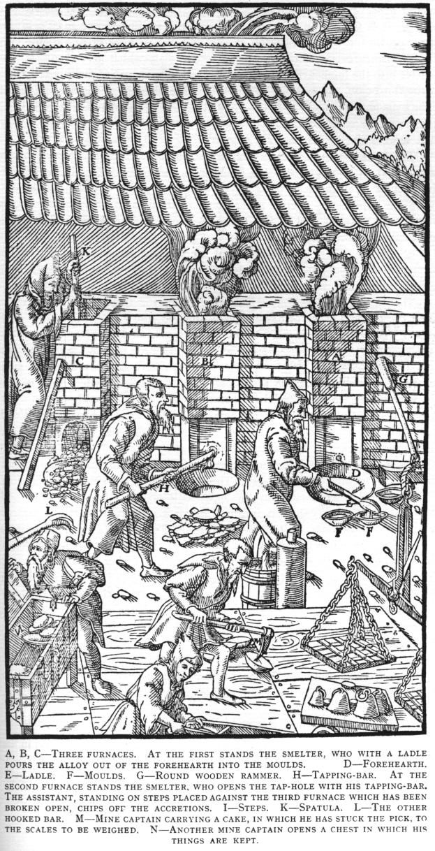 Eine Schwarz-Weiß-Zeichnung einer Gruppe von Menschen, die in einer Fabrik arbeiten, mit einem Haus im Hintergrund und einem Text unten, der lautet "A.B.C. Drei Öfen stehen am Ersten der Schmelzer".
